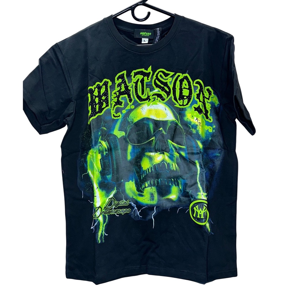 WATSON NWT‎ SKULL SOUND DIGITAL Streetwear TSHIRT BLACK MEN'S SIZE L Rhinestones - Picture 2 of 7